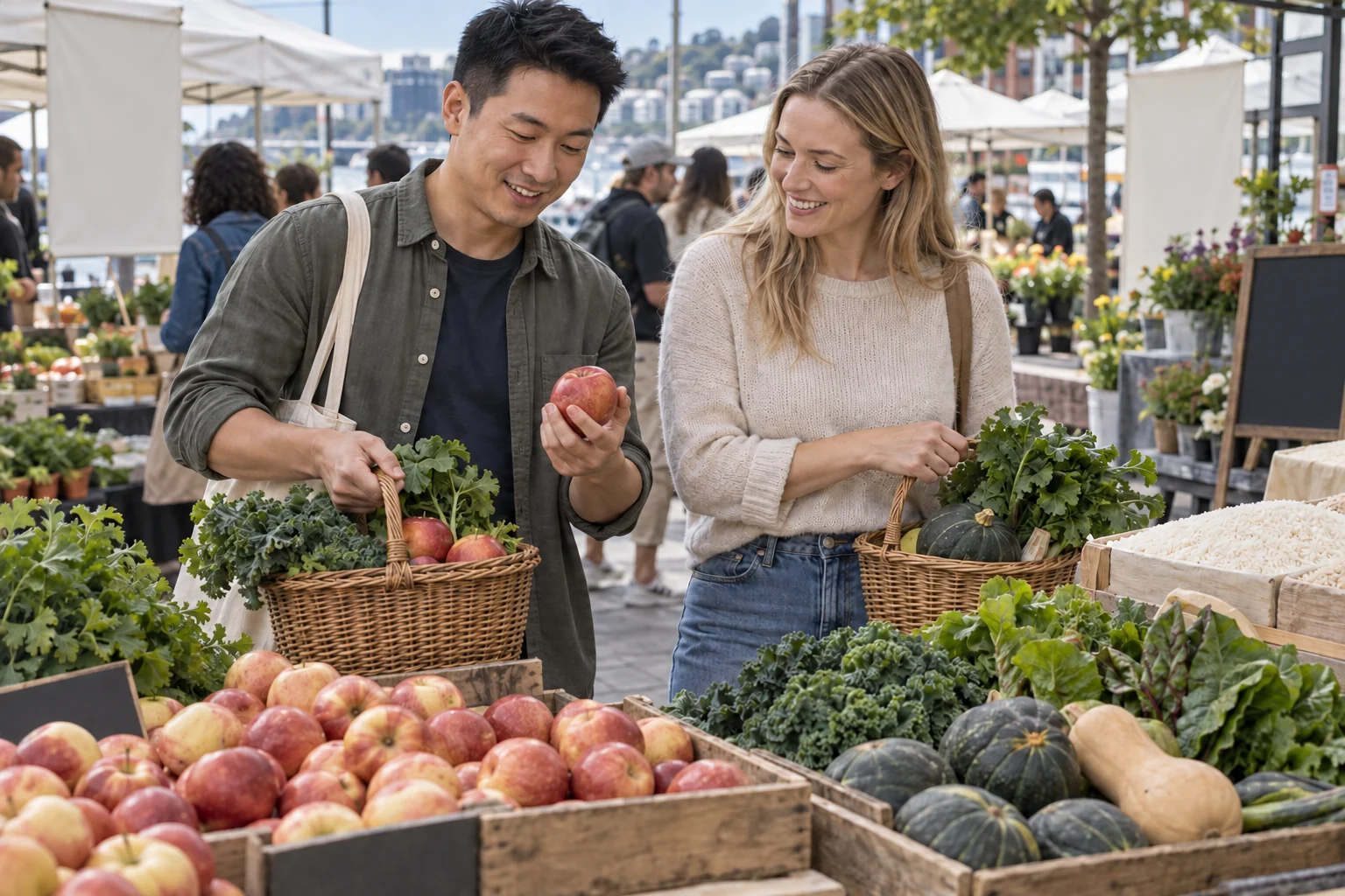 An East Asian man and a woman choosing ordinary produce at a market.